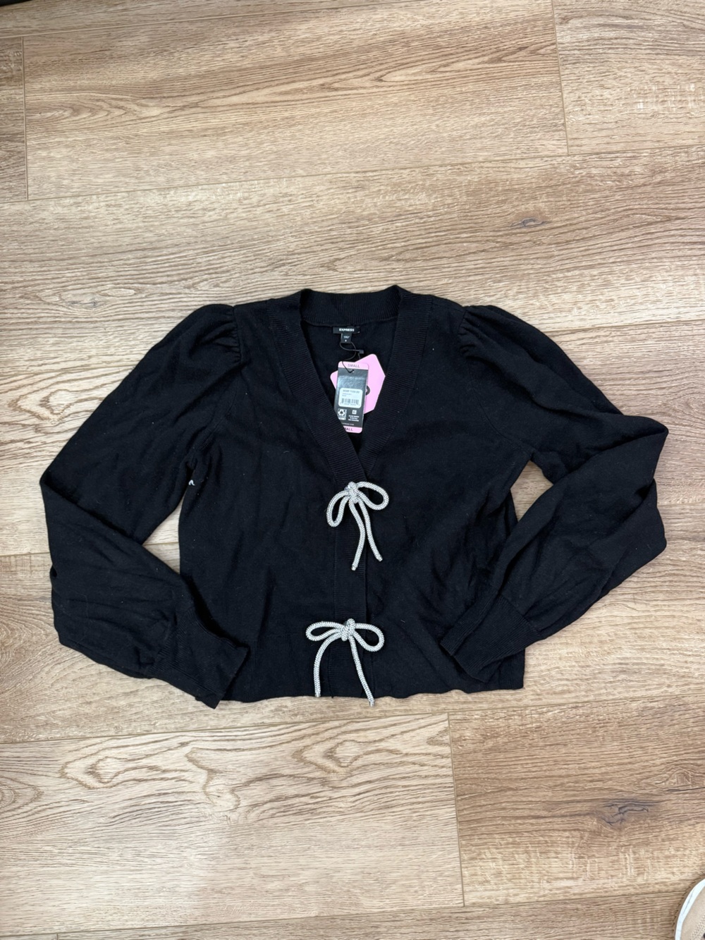Express Black Tie-Front Puff Sleeve Cardigan with Pink Floral Top - Picture 2 of 5